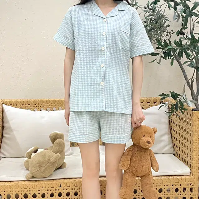 夏芬妍 简约休闲舒适时尚纯色纯棉翻领家居服亲肤宽松短袖短裤可外穿睡衣套装 女款 蓝色