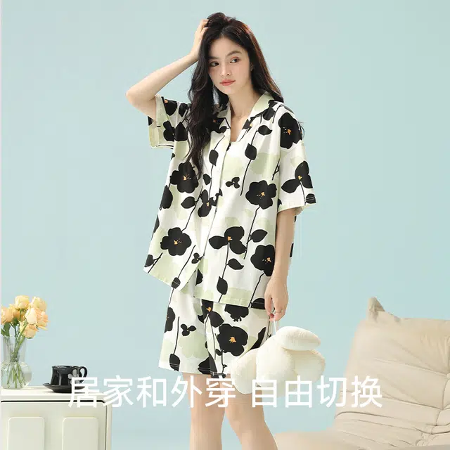 夏芬妍 柔软舒适透气亲肤满印翻领家居服休闲凉感短袖时尚可外穿睡衣套装 女款 杏色