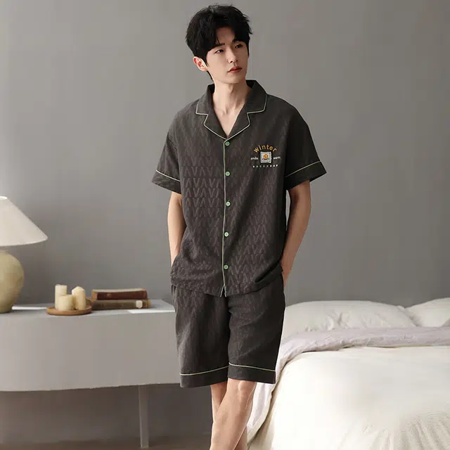 夏芬妍 简约舒适柔软字母提花云朵棉翻领开衫家居服亲肤休闲短袖短裤时尚可外穿睡衣套装 男款 棕色