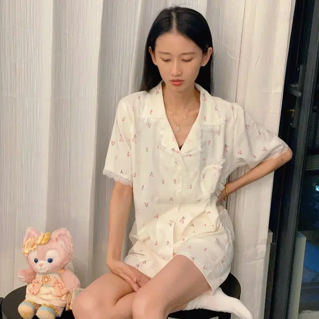 夏芬妍 甜美柔软舒适郁金香蕾丝花边云朵棉翻领家居服亲肤休闲短袖三件套时尚可外穿睡衣套装 女款 杏色