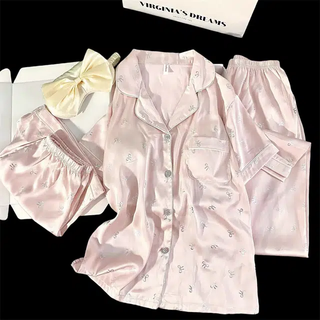 夏芬妍 甜美休闲高级感蝴蝶结冰丝翻领家居服舒适亲肤宽松短袖三件套可外穿睡衣套装 女款