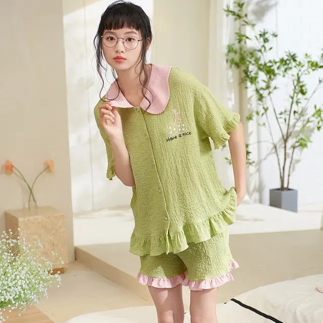 夏芬妍 甜美柔软舒适花边云朵棉公主翻领家居服亲肤休闲短袖短裤可外穿睡衣套装 女款 绿色