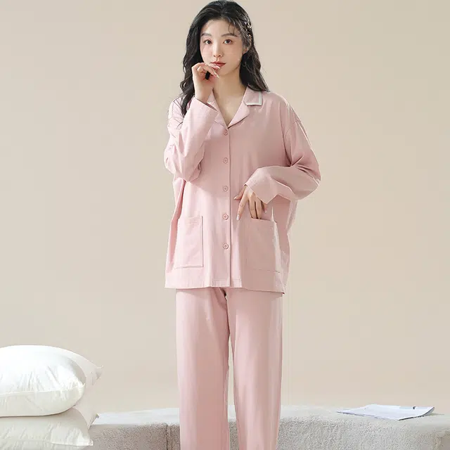 夏芬妍 时尚休闲舒适纯色贴袋翻领家居服亲肤宽松长袖长裤可外穿春秋款睡衣套装 女款 藕粉色