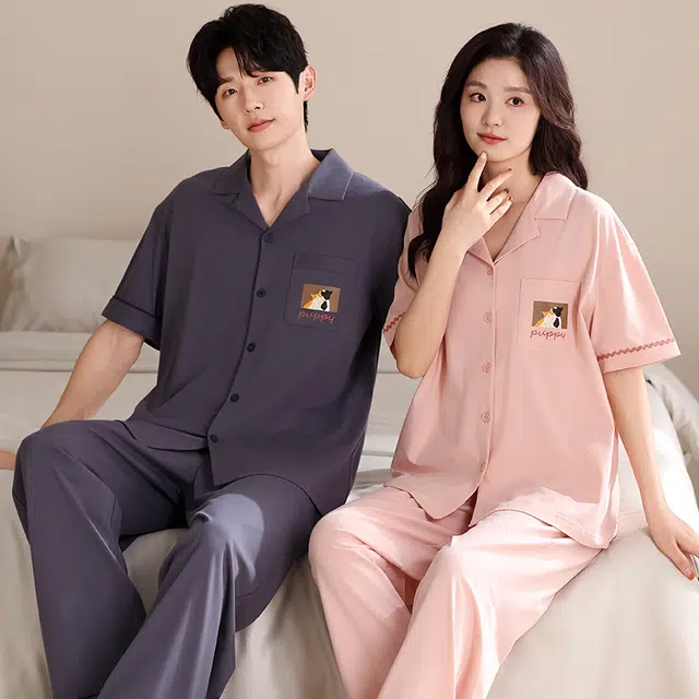夏芬妍 简约时尚柔软舒适纯色可爱猫咪翻领家居服亲肤休闲短袖长裤可外穿睡衣套装 男女同款