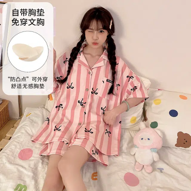 夏芬妍 柔软舒适条纹蝴蝶结翻领开衫家居服亲肤短袖短裤休闲带胸垫可外穿睡衣套装 女款