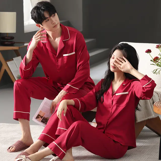 夏芬妍 大红喜庆系列  柔软舒适丝滑结婚本命年翻领冰丝家居服休闲长袖长裤短袖短裤可外穿睡衣套装 男女同款