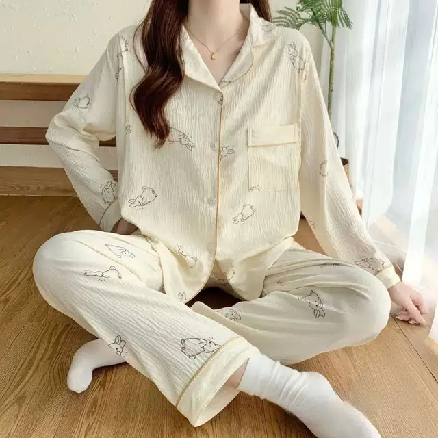 夏芬妍 柔软舒适开衫亲肤休闲长袖长裤可外穿家居服睡衣套装 女款 礼盒装 杏色