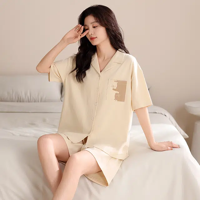 夏芬妍 简约舒适柔软纯色小猫贴袋纯棉翻领家居服透气亲肤宽松短袖短裤可外穿睡衣套装 男女同款