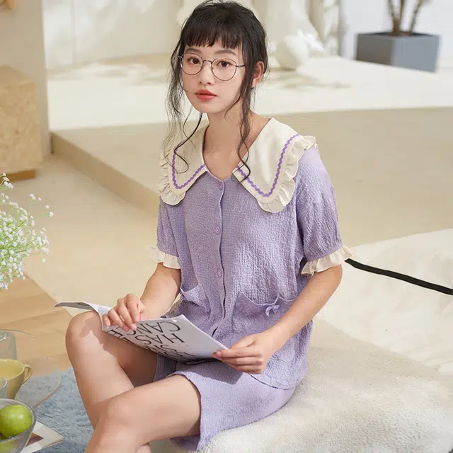 夏芬妍 甜美柔软舒适花边云朵棉公主翻领家居服亲肤休闲短袖短裤可外穿睡衣套装 女款 紫色