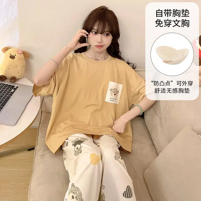 夏芬妍 柔软舒适休闲爱心小熊圆领带胸垫短袖长裤时尚可外穿家居服睡衣套装 女款 黄色
