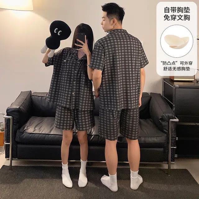 夏芬妍 柔软舒适休闲格子翻领开衫短袖亲肤时尚可外穿家居服睡衣套装 男女同款 灰棕色