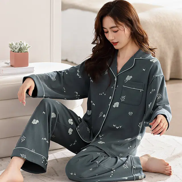 夏芬妍 亲肤舒适翻领家居服简约休闲长袖长裤可外穿睡衣套装 女款 藏蓝色