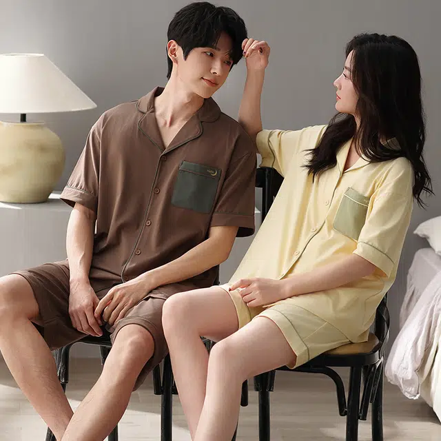夏芬妍 简约柔软舒适纯色贴袋纯棉翻领家居服透气亲肤宽松短袖短裤可外穿睡衣套装 男女同款