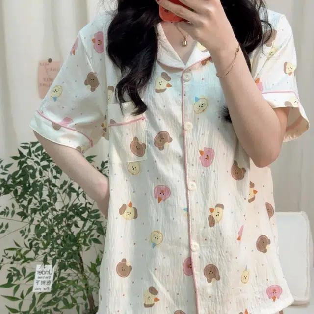 夏芬妍 柔软舒适戴帽小狗云朵棉翻领开衫家居服亲肤休闲短袖三件套时尚可外穿睡衣套装 女款 杏色