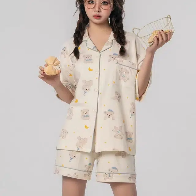 夏芬妍 甜美休闲舒适时尚月亮小熊纯棉翻领家居服亲肤宽松短袖短裤可外穿睡衣套装 女款 杏色