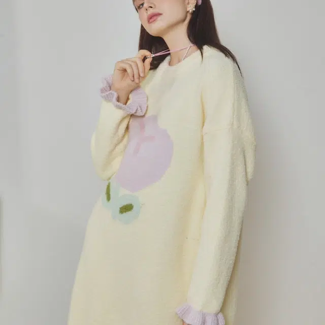 夏芬妍 简约甜美柔软亲肤郁金香花边半边绒家居服蓄温保暖长袖可外穿睡裙 女款 黄色