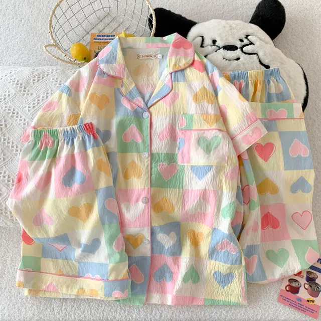 夏芬妍 柔软舒适格子爱心云朵棉翻领开衫家居服亲肤休闲短袖三件套时尚可外穿睡衣套装 女款 图片色