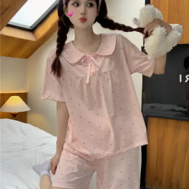 夏芬妍 甜美波点舒适亲肤凉感短袖三分裤休闲可外穿家居服睡衣套装 女款