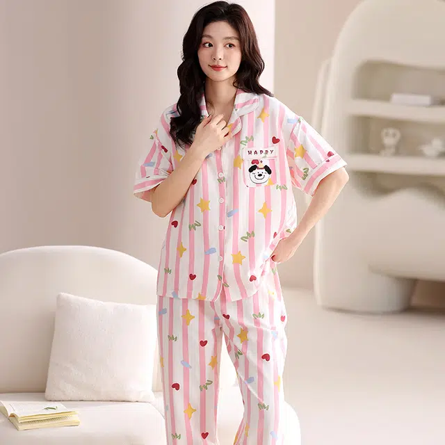 夏芬妍 甜美可爱条纹爱心狗云朵棉舒适亲肤宽松凉感短袖三件套时尚翻领带胸垫可外穿家居服睡衣套装 女款 粉色