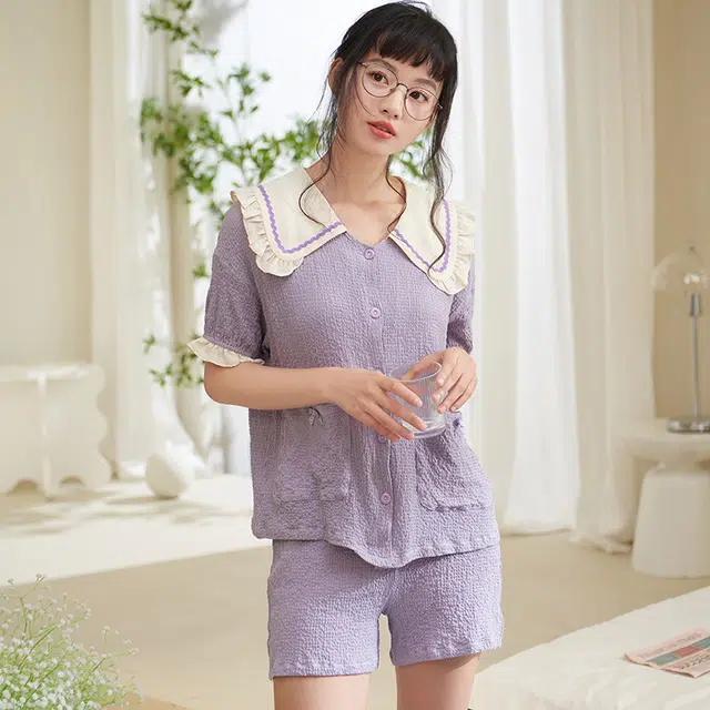 夏芬妍 甜美柔软舒适花边云朵棉公主翻领家居服亲肤休闲短袖短裤可外穿睡衣套装 女款 紫色