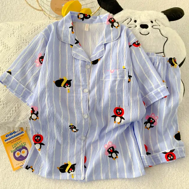 夏芬妍 柔软舒适趣味企鹅云朵棉翻领开衫家居服亲肤休闲短袖短裤可外穿睡衣套装 女款 蓝色