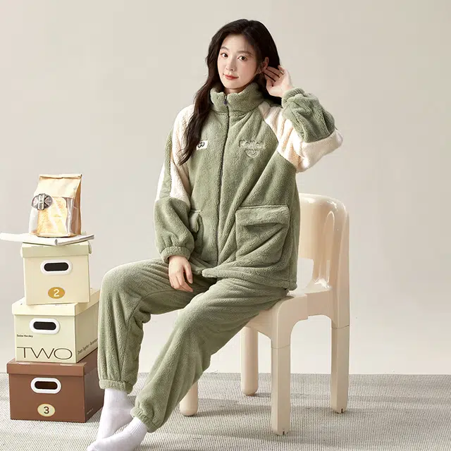 夏芬妍 简约时尚亲肤拉链立领加厚保暖舒适可外穿睡衣套装 女款 海绿色