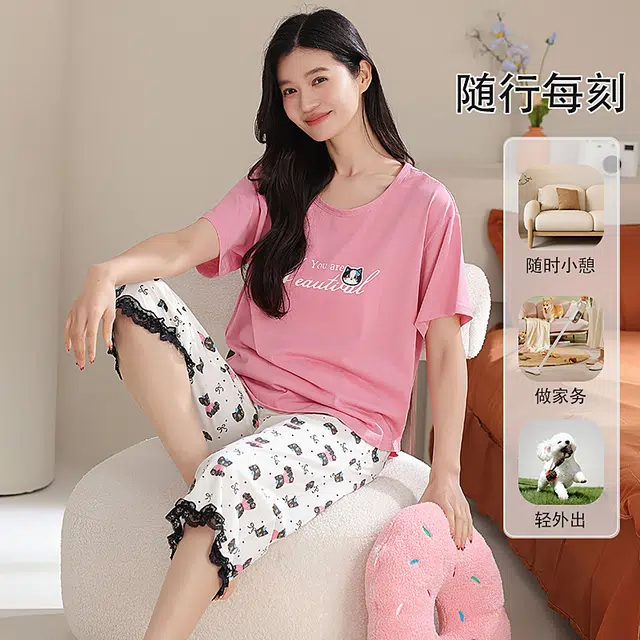 夏芬妍 简约大方柔软蝴蝶结猫咪圆领家居服亲肤休闲舒适短袖七分裤可外穿睡衣套装 女款 粉色