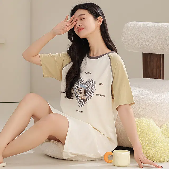 夏芬妍 时尚柔软亲肤爱心小狗圆领家居服简约休闲舒适短袖睡衣可外穿睡裙 女款 果绿色