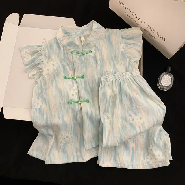 夏芬妍 中式风盘扣流光花朵家居服舒适柔软休闲带胸垫三件套可外穿睡衣套装 女款