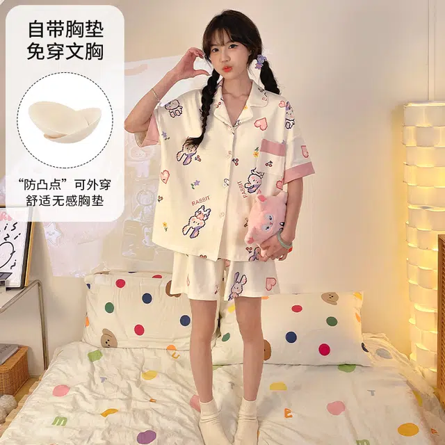 夏芬妍 柔软舒适卡通爱心兔子翻领开衫家居服亲肤短袖短裤休闲带胸垫可外穿睡衣套装 女款