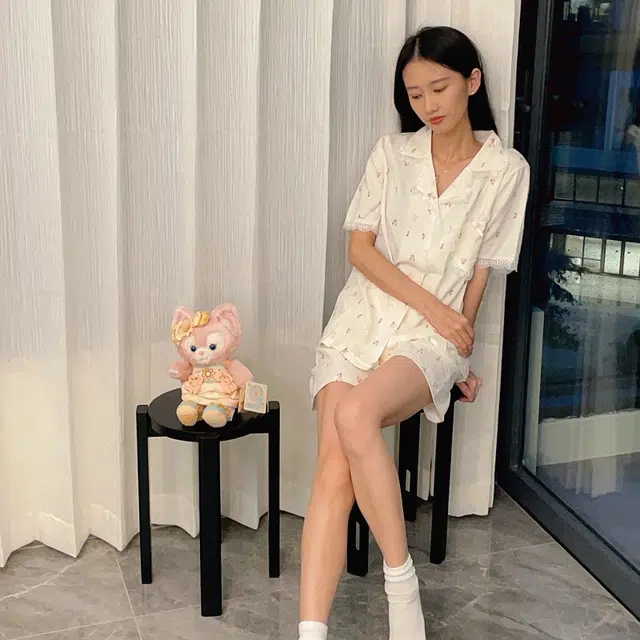 夏芬妍 甜美柔软舒适郁金香蕾丝花边云朵棉翻领家居服亲肤休闲短袖三件套时尚可外穿睡衣套装 女款 杏色