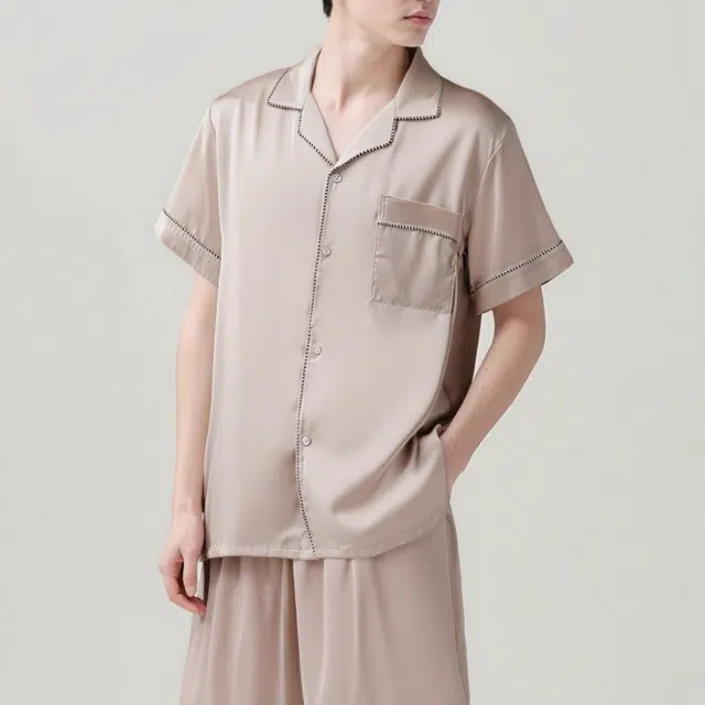 夏芬妍 简约休闲经典百搭纯色冰丝舒适亲肤宽松短袖短裤时尚翻领可外穿家居服睡衣套装 男款 粉色