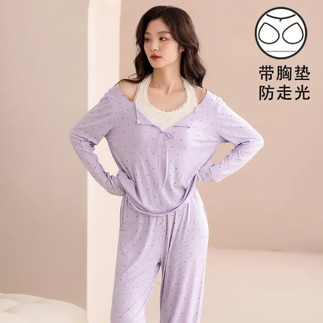 夏芬妍 时尚舒适柔软甜美假两件小爱心带胸垫家居服简约休闲亲肤宽松长袖长裤可外穿睡衣套装 女款 紫色