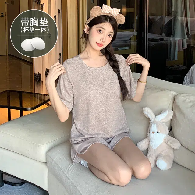 夏芬妍 柔软舒适慵懒风纯色圆领家居服亲肤休闲带胸垫短袖短裤时尚可外穿睡衣套装 女款 卡其色