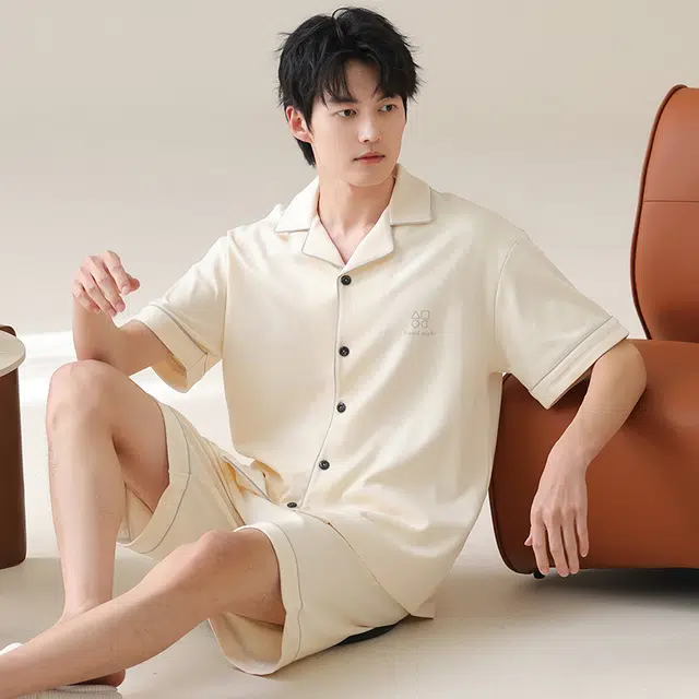 夏芬妍 简约舒适柔软高级感纯色纯棉翻领开衫家居服亲肤休闲短袖短裤时尚可外穿睡衣套装 男款 杏色
