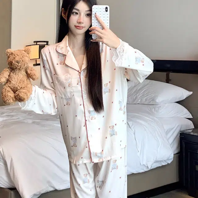 夏芬妍 甜美休闲舒适小熊蕾丝花边长袖长裤可外穿睡衣套装 女款 杏色