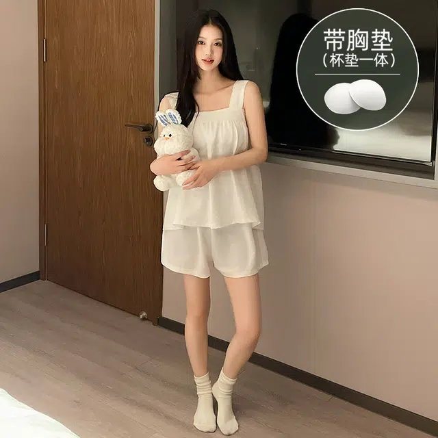夏芬妍 柔软舒适慵懒风纯色云朵棉家居服亲肤休闲吊带带胸垫短裤时尚可外穿睡衣套装 女款 白色