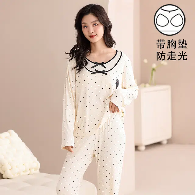 夏芬妍 时尚舒适柔软甜美假两件波点小猫带胸垫家居服简约休闲亲肤宽松长袖长裤可外穿睡衣套装 女款 杏色