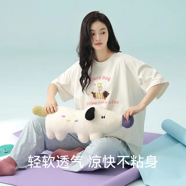 夏芬妍 柔软舒适透气亲肤俏皮小狗圆领家居服休闲宽松凉感短袖长裤时尚可外穿睡衣套装 女款 蓝色