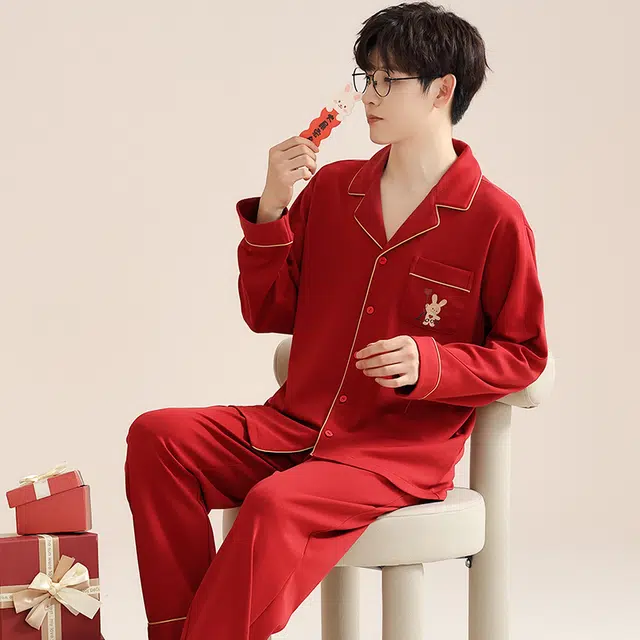 夏芬妍 亲肤舒适爱心小兔翻领纯棉家居服简约休闲长袖长裤可外穿喜庆本命年睡衣套装 男款 红色