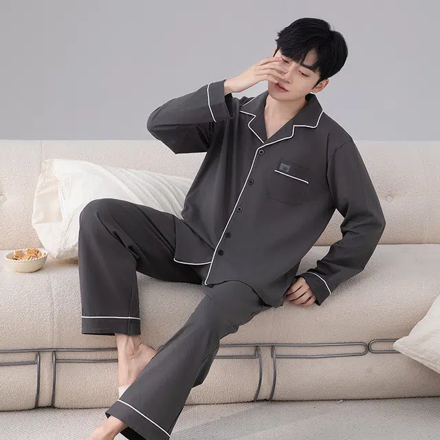 夏芬妍 简约优雅舒适撞色贴袋翻领带胸垫开衫休闲亲肤长袖长裤可外穿睡衣套装 男款 深灰色