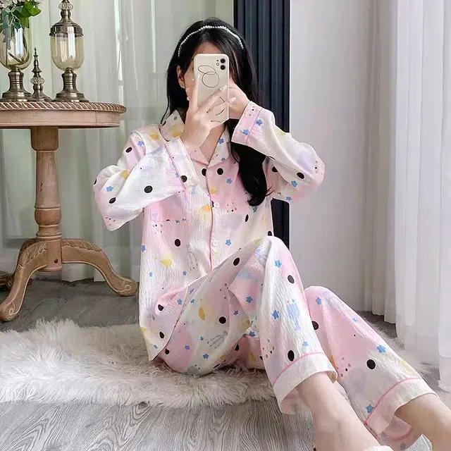 夏芬妍 柔软舒适可爱小鱼儿云朵棉开衫家居服亲肤休闲长袖长裤可外穿春秋款睡衣套装 女款 粉色