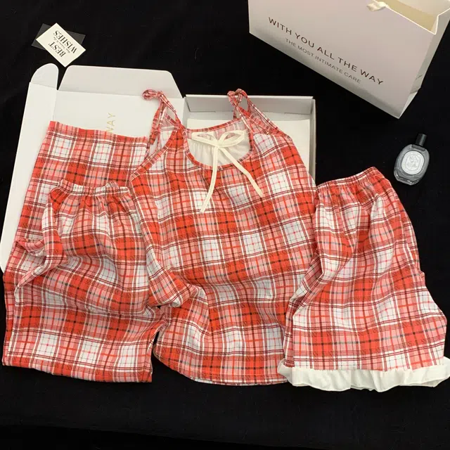 夏芬妍 甜美少女风复古格子吊带家居服舒适柔软休闲带胸垫三件套可外穿睡衣套装 女款