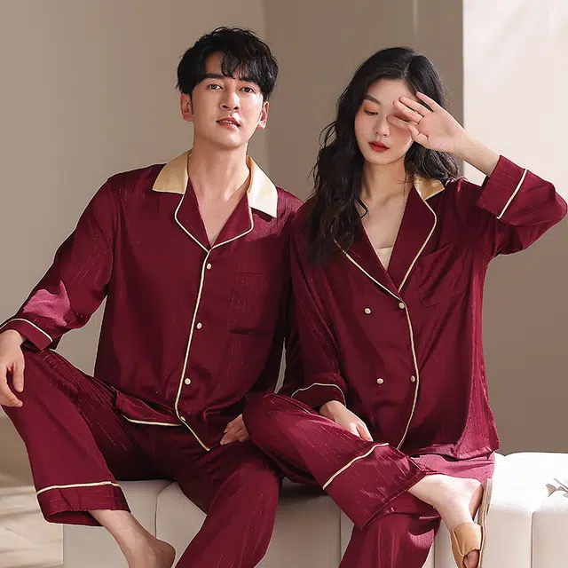 夏芬妍 大红喜庆系列  舒适丝滑柔软结婚本命年翻领丝绸冰丝家居服休闲长袖短袖长裤可外穿睡衣套装 男女同款