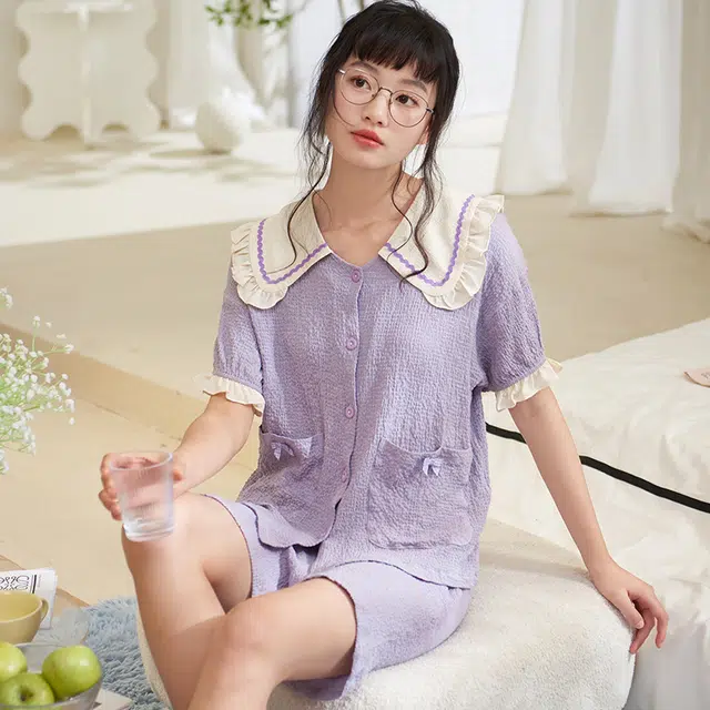 夏芬妍 甜美柔软舒适花边云朵棉公主翻领家居服亲肤休闲短袖短裤可外穿睡衣套装 女款 紫色