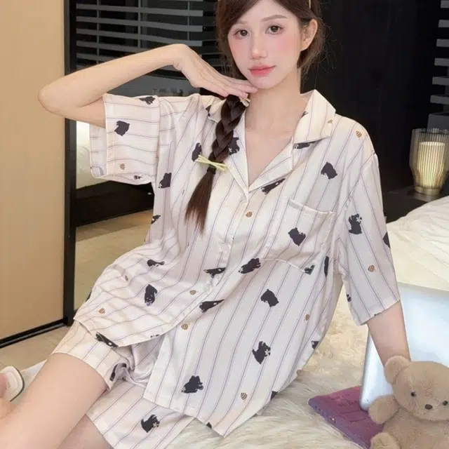 夏芬妍 甜美可爱卡通条纹蜜罐熊冰丝翻领短袖短裤家居服柔软舒适休闲可外穿夏季睡衣套装 女款