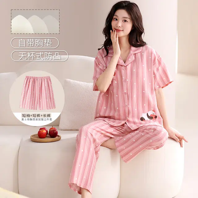 夏芬妍 甜美可爱条纹爱心小熊云朵棉舒适亲肤宽松凉感短袖三件套时尚翻领带胸垫可外穿家居服睡衣套装 女款 粉色