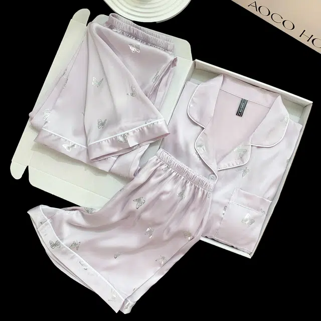 夏芬妍 简约休闲高级感蝴蝶冰丝翻领带胸垫家居服舒适亲肤短袖可外穿睡衣套装 女款 紫色