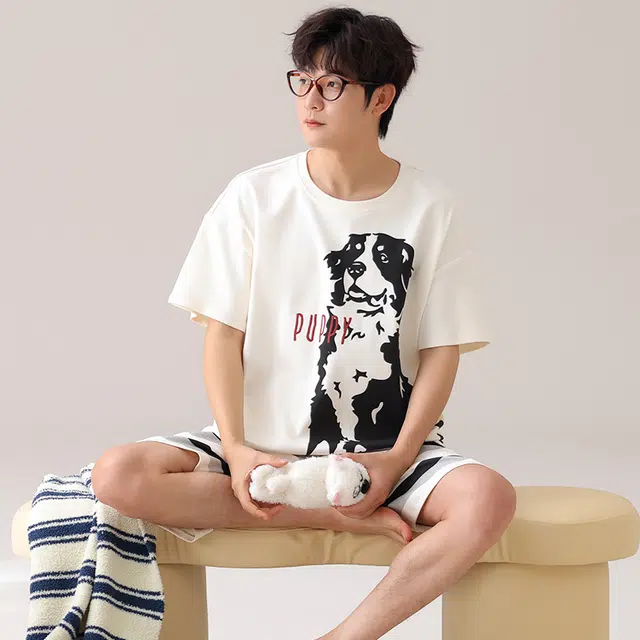 夏芬妍 柔软舒适条纹萌宠翻领家居服休闲短袖短裤时尚可外穿睡衣套装 男女同款