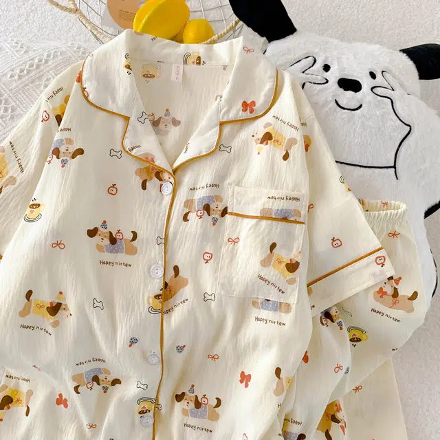 夏芬妍 柔软舒适欢乐腊肠狗云朵棉翻领开衫家居服亲肤休闲短袖短裤可外穿睡衣套装 女款 杏色